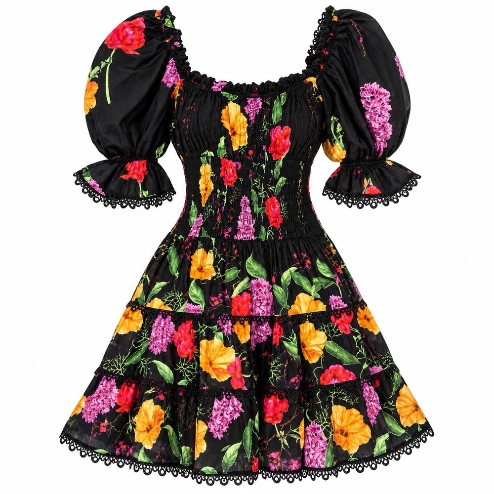 Charo Ruiz Medium Black Bonita Giulia Mini Dress Delicate Ruffle Puff Sleeve